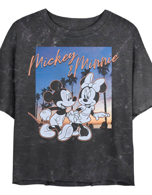 Load image into Gallery viewer, Junior&#39;s Disney Sunset Palm Trees Mickey and Minnie Mineral Wash Crop Top
